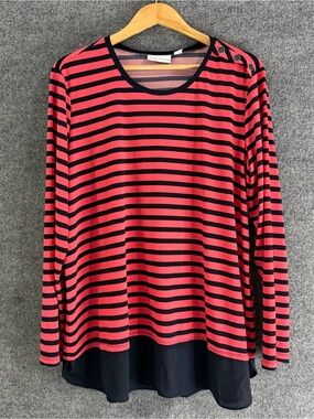 Susan Grave Womens Liquid Knit Striped Top Size XL Coral Navy Casual Stretch